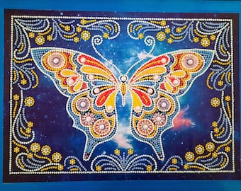 Gems painting Butterfly, glows in dark. Framed, glass