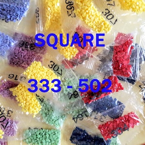 May include: Assortment of small plastic bags filled with square shaped colorful resin beads. The bags are labeled with numbers 307, 333, 502, and 916. The text "SQUARE" is written in large blue letters across the image.