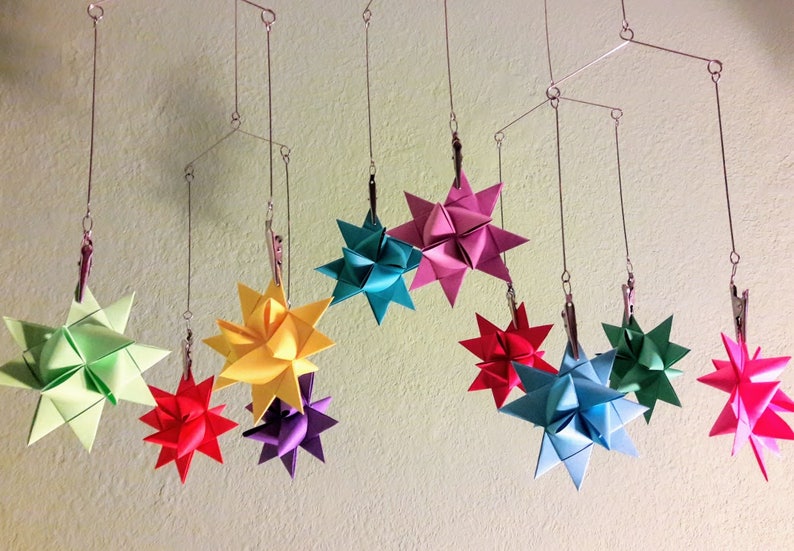 3D Origami mobile with Froebel stars or wreath