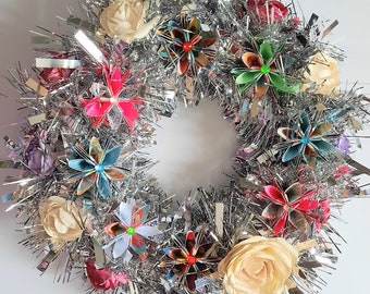 3d origami  wreath  with LED lights 16", silver