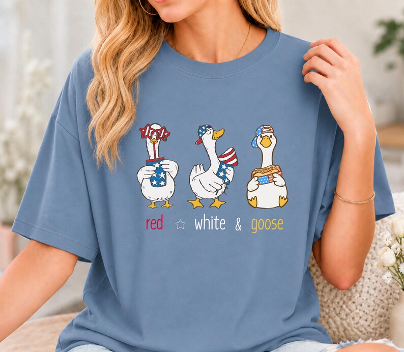 Bella Canvas 4th of July shirt with cute patriotic geese, red white and goose design, funny USA tee for Independence Day, BBQ parties, fireworks, parades, and summer gifts.