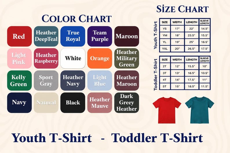 Puede incluir: Tabla de colores con varios colores de camisetas, incluyendo rojo, azul y verde. Tambi&eacute;n se muestran tablas de tallas para camisetas juveniles y para ni&ntilde;os peque&ntilde;os, mostrando medidas en pulgadas.