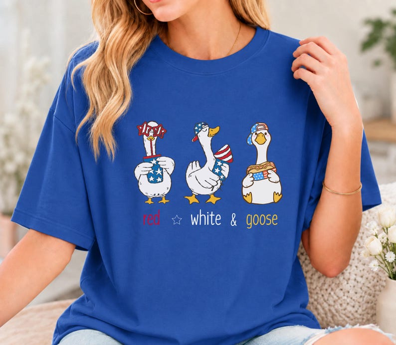 Bella Canvas 4th of July shirt with cute patriotic geese, red white and goose design, funny USA tee for Independence Day, BBQ parties, fireworks, parades, and summer gifts.