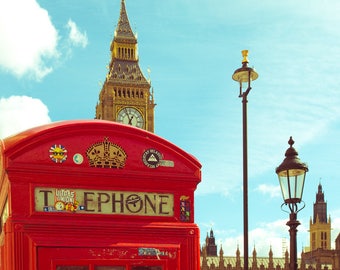 Big Ben Photo, London Photography, Wall Decor, Parliament,  England Print, Travel Photography, Red Phone Booth, Architecture Photo, Britain