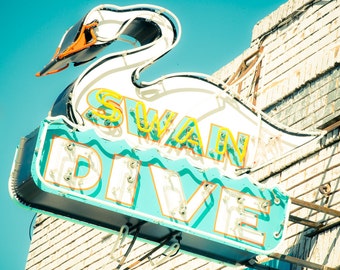 Fine Art Photo, Neon Sign, Swan Dive, Austin Texas Bar Sign, Sixth Street, Neon Lights, Modern Wall Art, Fine Art Print, RocknRoll, Decor