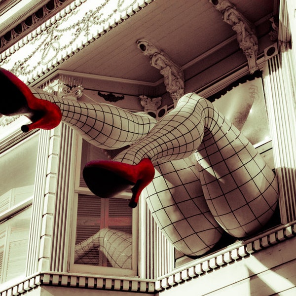 Travel Photo, Haight Ashbury Legs, Fine Art Photography, San Francisco, California, Fishnet Stockings, Red High Heels, Sexy, Gift for Him