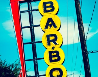 Photograph,  Retro Art, BBQ Sign, Restaurant Decor,Wall Art, Vintage Sign, Fort Worth Texas, Typography, Neon Sign, Kitchen Decor,MCM decor