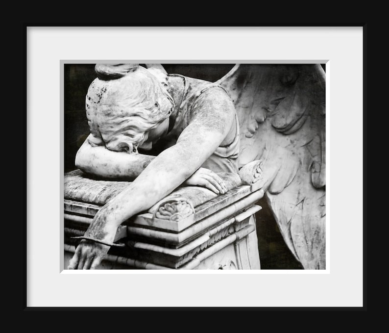 Fine Art Photography, Angel Art, Religious, Black and White Photo, Weeping Angel, Cemetery, Condolence Gift, Angel Wings, Gothic Wall Art image 2