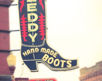 Cowboy Boot, Art, Fine Art Photography, Cowboy Boot, Neon Sign, Fort Worth Texas, Country and Western Decor, Wall Print, Texas, Home Decor