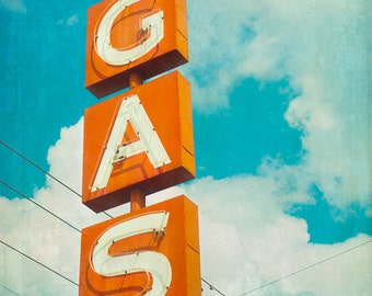 Gas Station Sign, Fine Art Photograph, Old Neon Sign, Aqua and Orange, Typography, Retro Print, Mid Century Decor, Wall Art, Man Cave Art