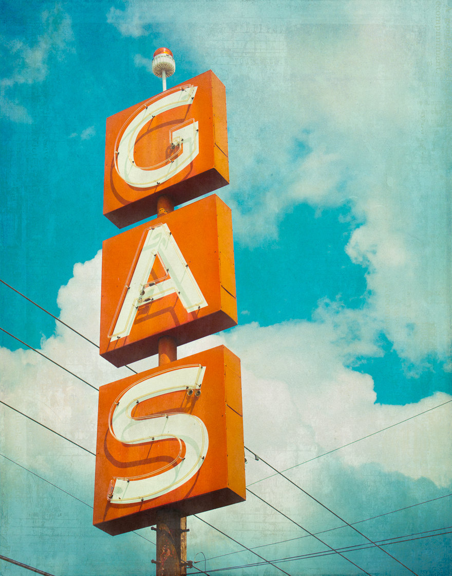 Gas Station Sign, Fine Art Photograph, Old Neon Sign, Aqua and Orange,  Typography, Retro Print, Mid Century Decor, Wall Art, Man Cave Art - Etsy