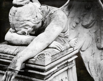 Fine Art Photography, Angel Art, Religious, Black and White Photo, Weeping Angel, Cemetery, Condolence Gift, Angel Wings, Gothic Wall Art