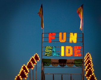 Fine Art Photography, Carnival Photo, Childrens Art, Home Decor, Slide, Rainbow Colors, Carnival Ride, Circus Decor, Wall Art, Neon Lights