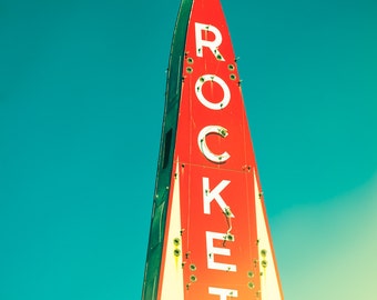 Fine Art Photography, Boys Room Art, Vintage Sign, Rocket, Vintage Decor, Red and Turquoise, Neon Sign, Mid Century Modern, Wall Art,Retro