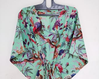Vestido caftán de algodón con estampado de pájaros: bata de playa india hecha a mano, ideal para festivales.