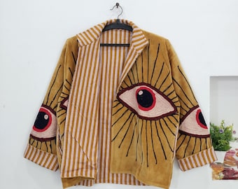 Chaqueta de terciopelo con bordado de ojos, estilo bohemio, hecha a mano, ropa de festival, ropa de abrigo artística de artesanos locales.