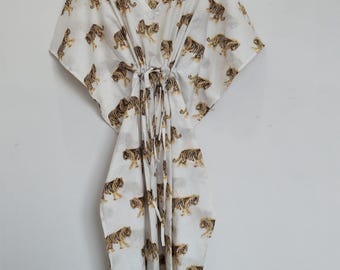 Caftán de algodón con estampado de tigre: prenda de playa ligera, hecha a mano en India