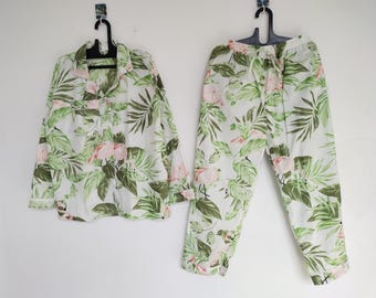 Ensemble pyjama femme flamant rose tropical en coton, pyjama boutonné