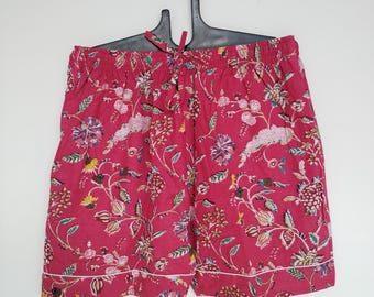 Handmade Cotton Pajama Shorts: Bird & Flower Print, Indian Pocket Shorts