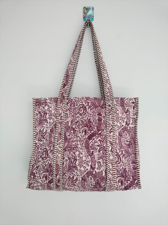 キルティングコットントートバッグ：エスニックプリントの大型