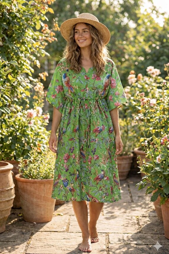 green bird print dress Handmade Cotton Kaftan Dress, Maxi Cover Up, Casual House Wear Exclusive Designer Gown