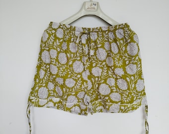 Handmade Floral Cotton Pajama Shorts: Indian Block Print with Pockets