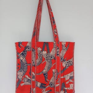 Quilted Tote Bag, Red Cat Printed Cotton Bag, Indian Handmade Bag, Women Shopping Bag, Large Market Bag, Shoulder Bag, Beach Bag, Party Bag
