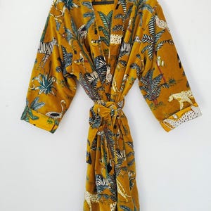 Velvet Women Kimono, Velvet Robe, Jungle Printed Comfortable Nightwear Dress, Bridesmaid Robe, Dressing Gown, Beachwear, Handmade Robe