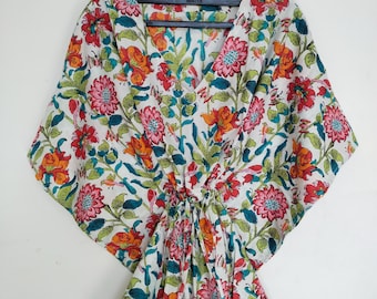 Vestido caftán de algodón con estampado floral: pareo indio hecho a mano, bata de festival