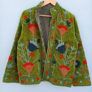Green Velvet Suzani Embroidered Jacket, Boho Floral Hippie Festival Coat, Cotton Lined Bohemian Jackets
