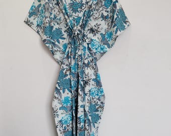 Vestido caftán floral azul – Caftán de algodón indio hecho a mano, ligero para la playa.