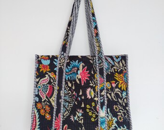 Bolsa de algodón acolchada con estampado Mukut, reversible, hecha a mano