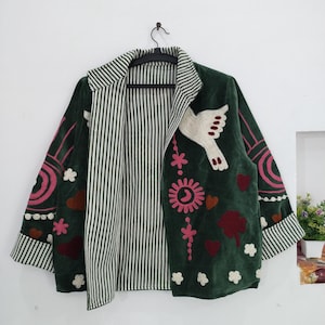 Handmade Green Velvet jacket, Boho Suzani Embroidery Bird design Coat for festivals