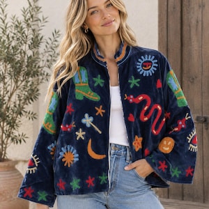 Velvet Suzani Jacket: Hand-Embroidered Boho Coat Uzbek Ethnic Festival Statement Colorful Bohemian jacket