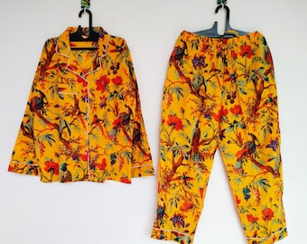 Bird Print Cotton Pajama Set: Handmade Women's Sleepwear, Bridesmaid Pjs, Lightweight Cotton Nightwear