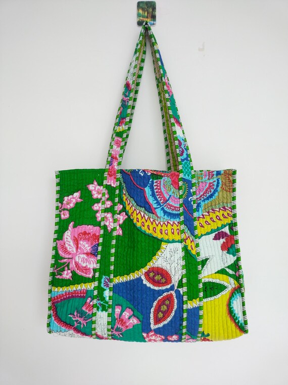 花柄キルティングコットントートバッグ：リバーシブルエスニック