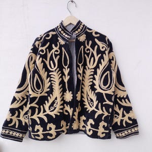 Velvet Suzani Jacket, Hand Embroidered Boho Floral Coat, Artisan Made Outerwear, Festival Outfit