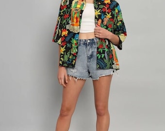 Blusa de algodón con estampado de Frida Kahlo: Camisa bohemia de verano hecha a mano