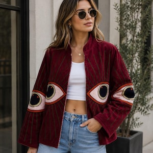 Evil Eye Jackets, Velvet Embroidered Jacket, Statement Boho Women Outfits, Gypsy Jacket