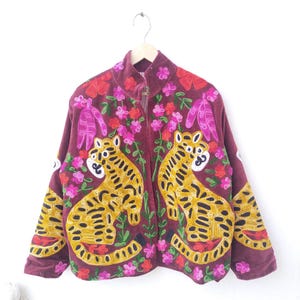 Tiger Print Embroidered Women Jacket, Handmade Velvet Coat, Ethnic Gypsy outwear Gift for her