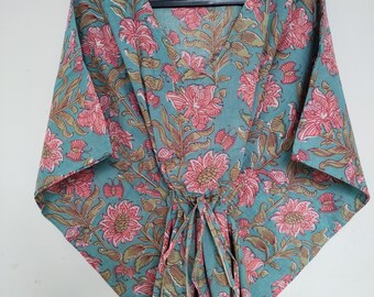 Vestido caftán de algodón con estampado floral: pareo indio hecho a mano, bata de festival