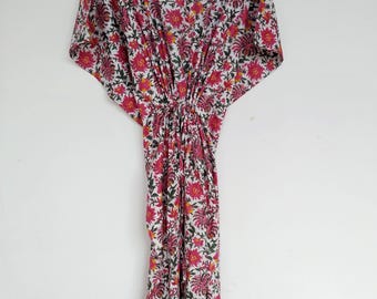 Handmade Indian Cotton Kaftan Dress: Beach Cover Up Kimono Robe