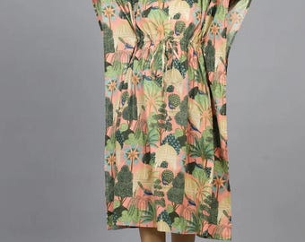 Caftán de algodón color melocotón y pavo real: vestido largo indio hecho a mano, ideal para playa