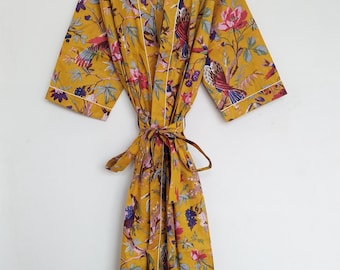 Kimono de algodón con estampado de pájaros: bata de playa hecha a mano, color amarillo mostaza