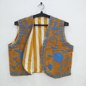 Handmade Yellow Velvet Embroidered Boho Vest Jacket, Floral Blue Threadwork Sleeveless Waistcoat