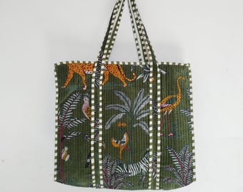 Green Velvet Quilted Tote Bag: Indian Handmade Ethnic Forest Print Shopping Bag