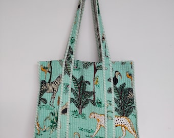 Bolsa de algodón acolchada con estampado étnico de bosque, reversible