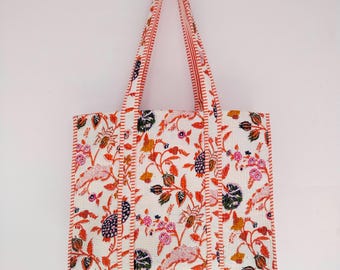 Bolso de mano acolchado hecho a mano: bolso de mercado grande con estampado floral, bolso de mano para mujer, bolsas de compra reutilizables.