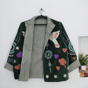 Hand Embroidered Velvet Jacket: Green Bird, Hearts, Flowers (Cotton Lining)