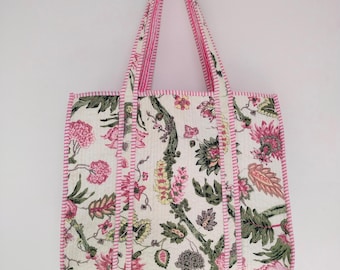 Bolso de mano acolchado de algodón: estampado de pájaros, bolso de compras para mujer hecho a mano, ecológico.